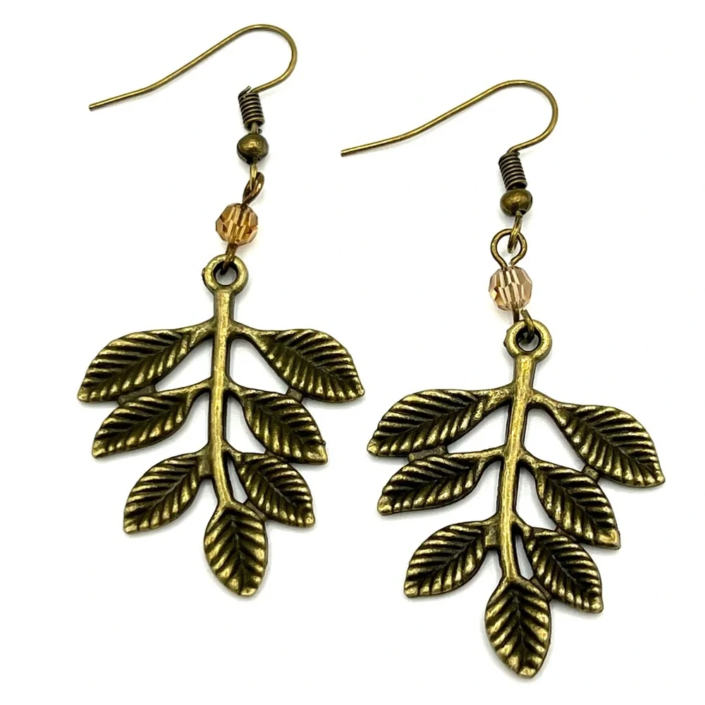 HAND CRAFTED Bronze Leaf Boho Chunky Earrings with Gold Crystal - Picture 3 of 4